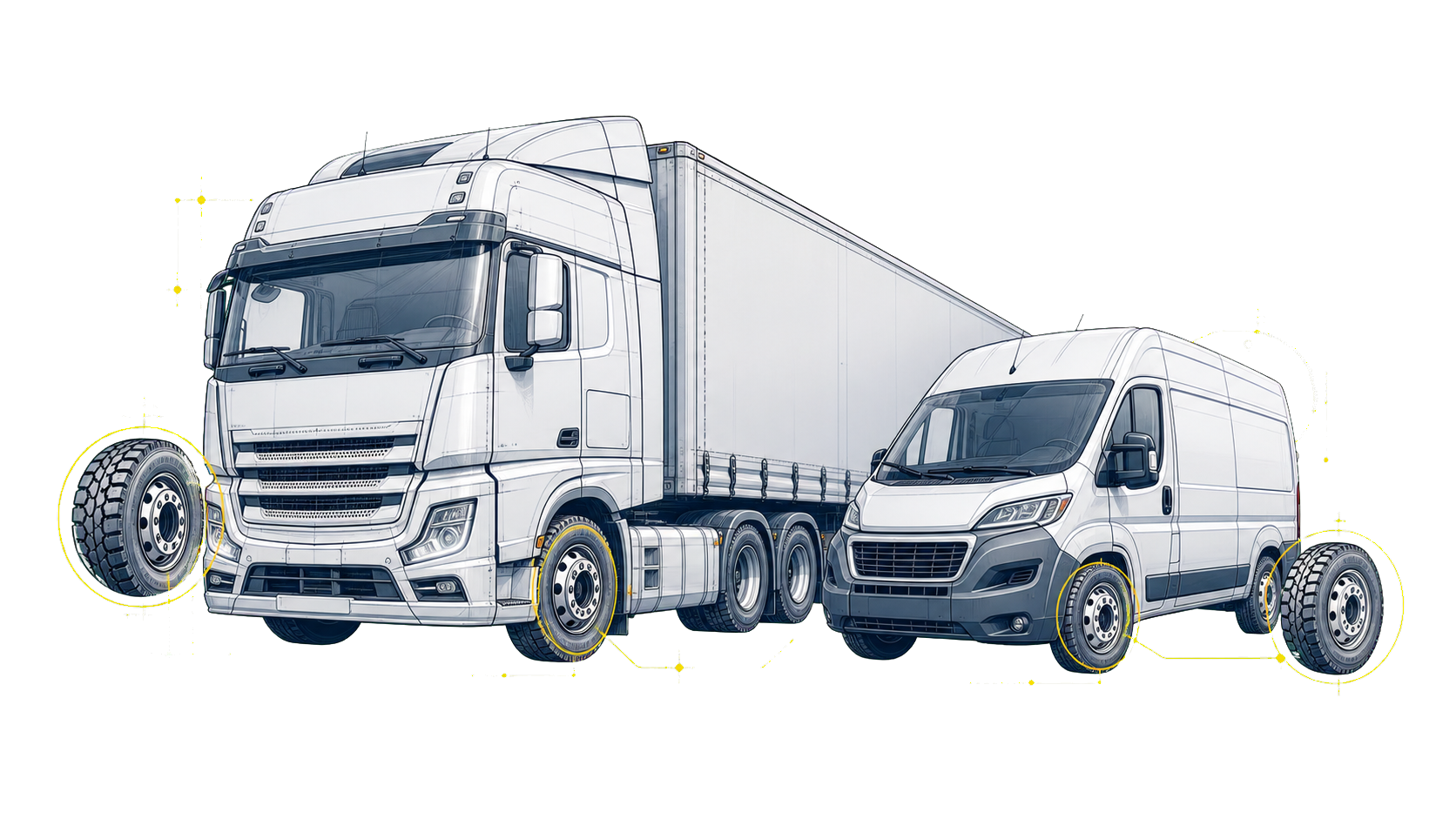 Ilustración técnica de un tractocamión y una van de carga